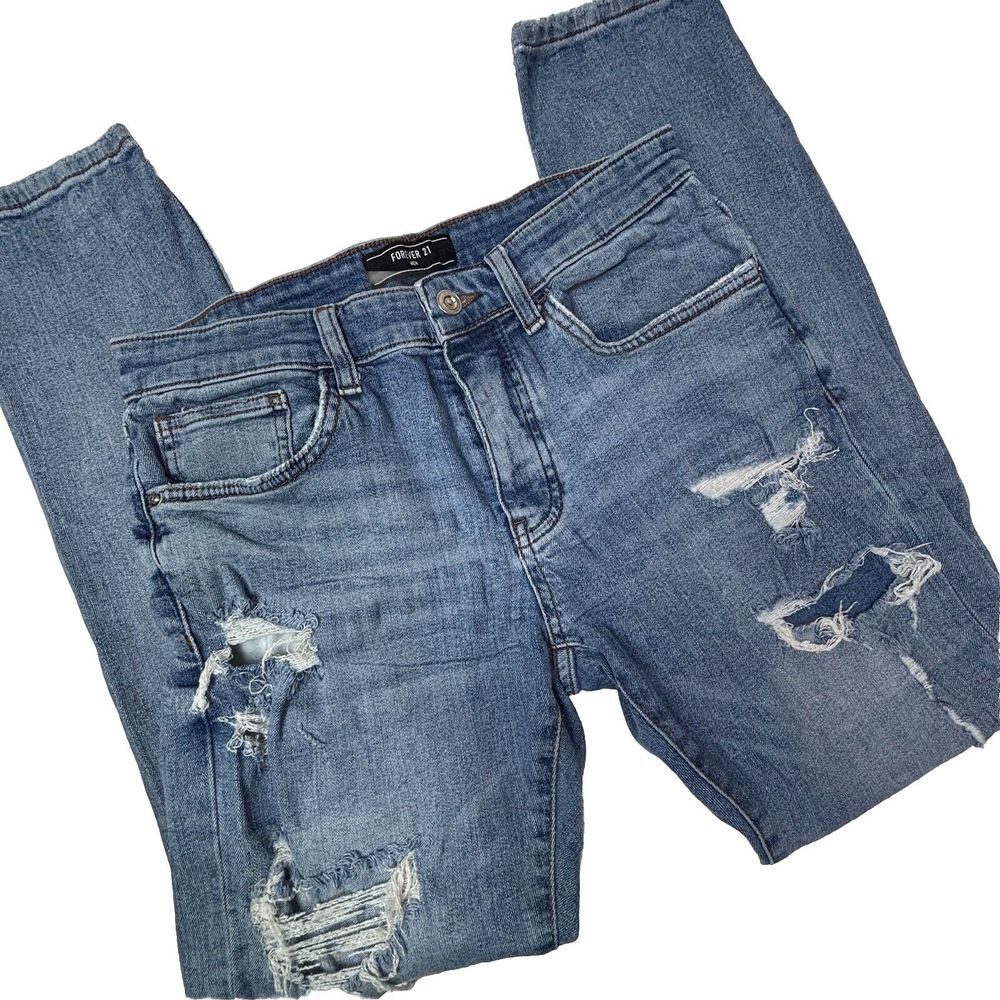 FOREVER 21 MEN‎ Denim Jeans Mens 31 30x31 Destroyed Distressed RELAX Stretch EUC